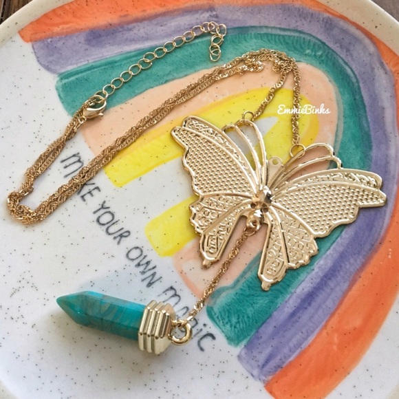 💥3for$28  New Golden Butterfly & Turquoise Marbled Crystal Charm Necklace - Picture 9 of 14
